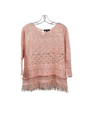 Relativity Womens Open Crochet Top Pink/Silver Glitter 3/4 Sleeve Fringe Small